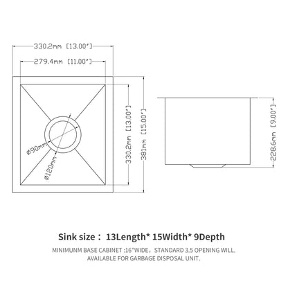 13&quot; Undermount Stainless Steel Kitchen Sink 16 Gauge 9&quot; Deep Single Bowl Basin - Brushed Nickel