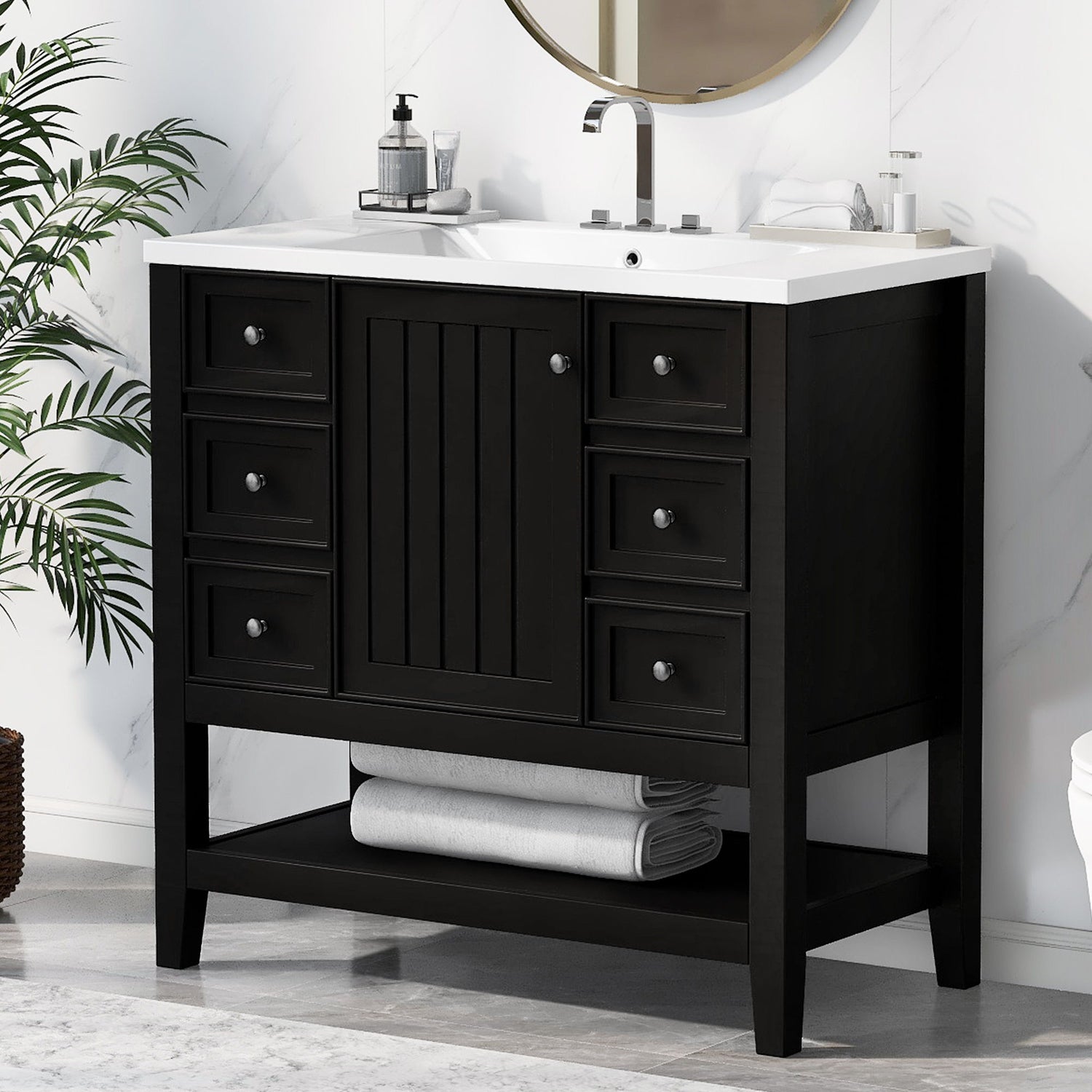 36" Bathroom Vanity &amp; Sink, 2 Cabinet And 3 Drawers - Black