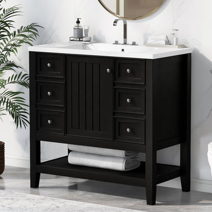 36" Bathroom Vanity &amp; Sink, 2 Cabinet And 3 Drawers - Black