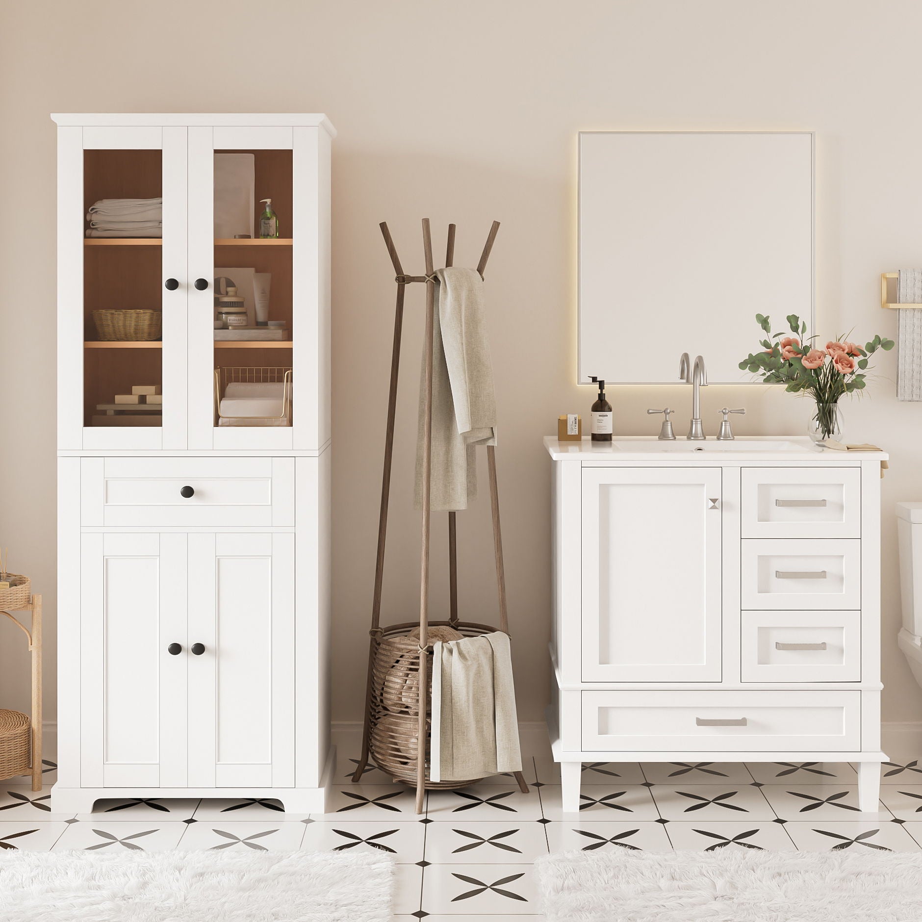 Bathroom Vanity &amp; Tall Storage Cabinet Set With Doors, Adjustable Shelves, Soft Close Hinges, Sink