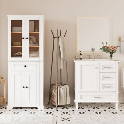 Bathroom Vanity &amp; Tall Storage Cabinet Set With Doors, Adjustable Shelves, Soft Close Hinges, Sink