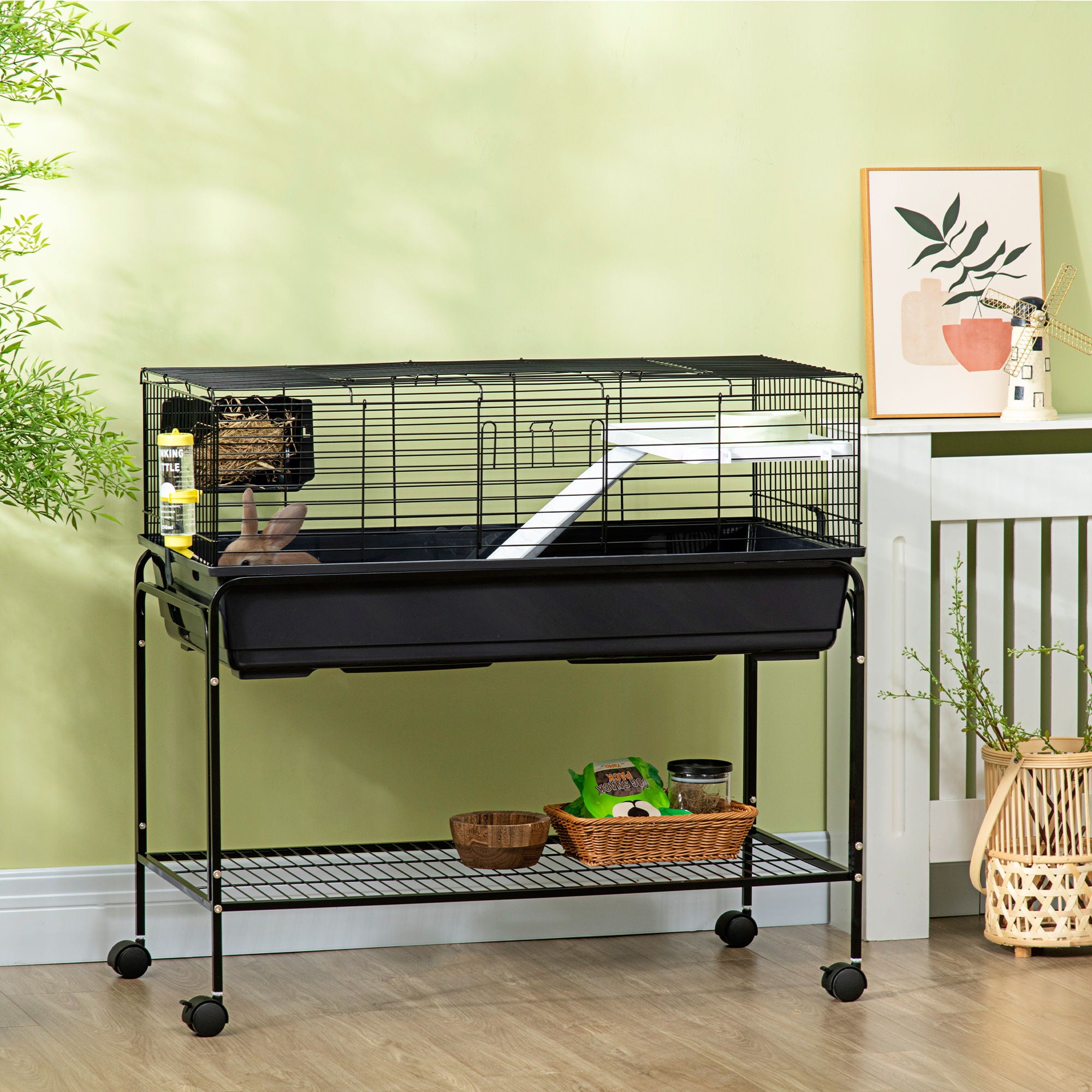 Pawhut - Two-Story Small Animal Cage Removable From Stand, Guinea Pig Cage, Hedgehog Cage, Chinchilla Cage, Ferret, With Shelf &amp; Wheels, Pet Habitat - Black