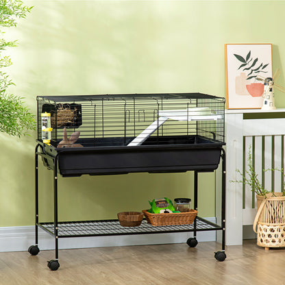 Pawhut - Two-Story Small Animal Cage Removable From Stand, Guinea Pig Cage, Hedgehog Cage, Chinchilla Cage, Ferret, With Shelf &amp; Wheels, Pet Habitat - Black