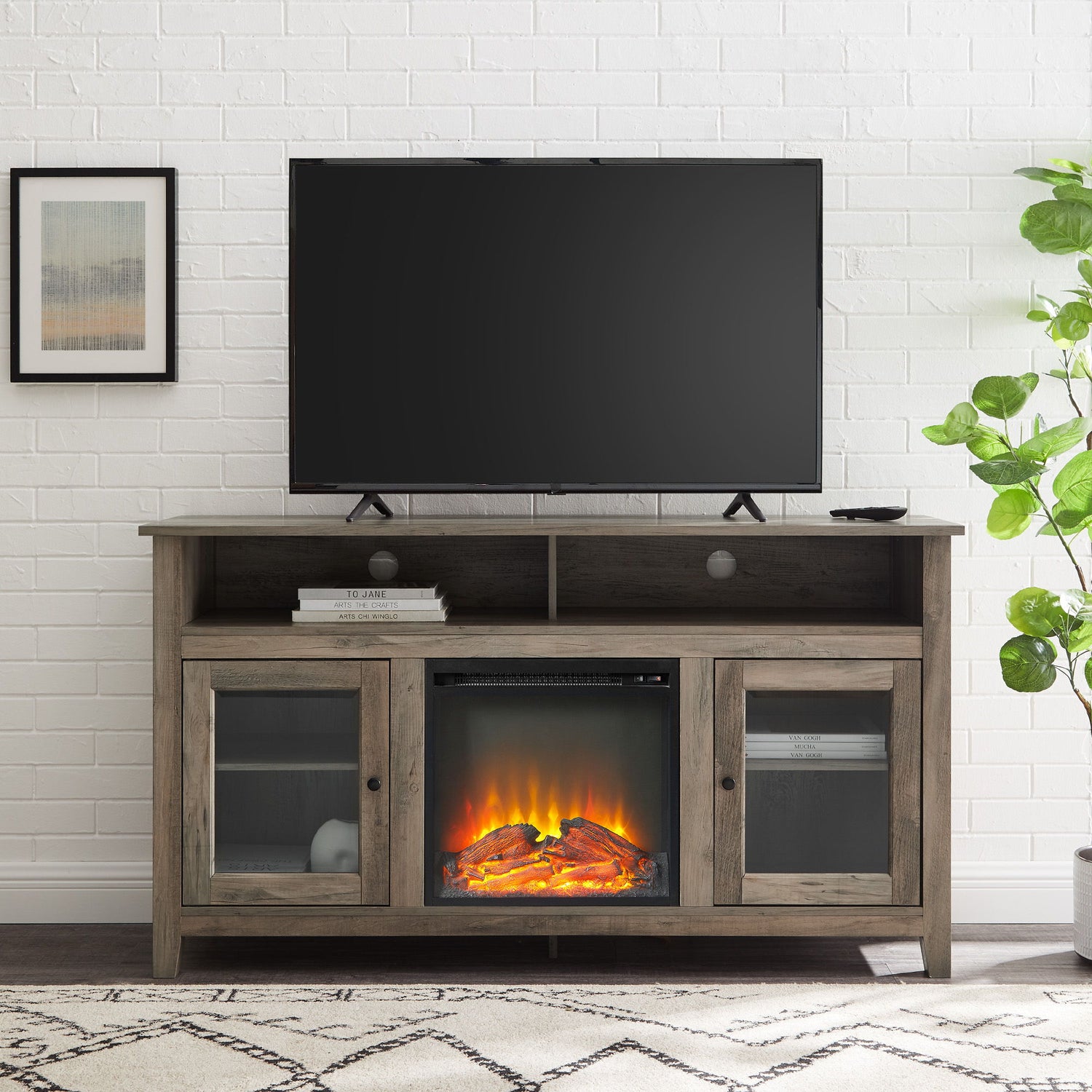 Classic Glass Door Fireplace Tall TV Stand For TVs Up To 65&quot;