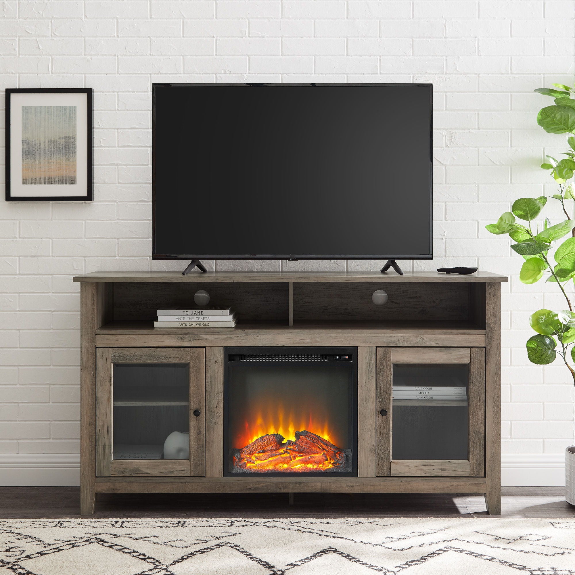 Classic Glass Door Fireplace Tall TV Stand For TVs Up To 65&quot;