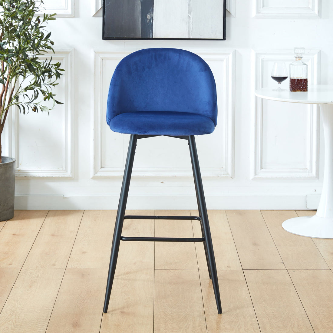 Bar Stool (Set of 2) Modern Counter Bar Height Chair With Back, Sturdy Metal Legs &amp; Footrests, Island Stool For Kitchen Bar - Blue