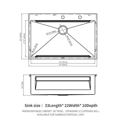 33&quot; Drop In Kitchen Sink Single Bowl 16 Gauge Stainless Steel Ledge Workstation - Black