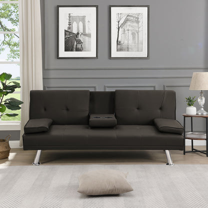 Modern Sofa Bed With Armrest 2 Holders, Wood Frame &amp; Stainless Leg