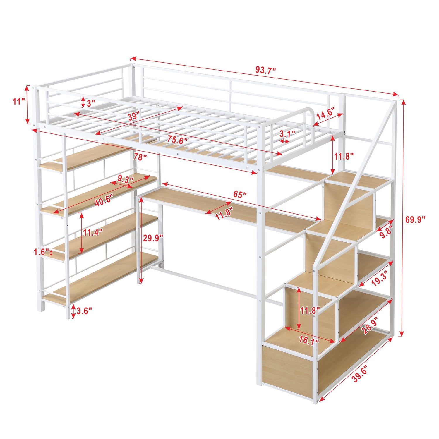 Twin Size Loft Bed With Built In Desk, Staircase Storage &amp; 4 Tier Shelves - White