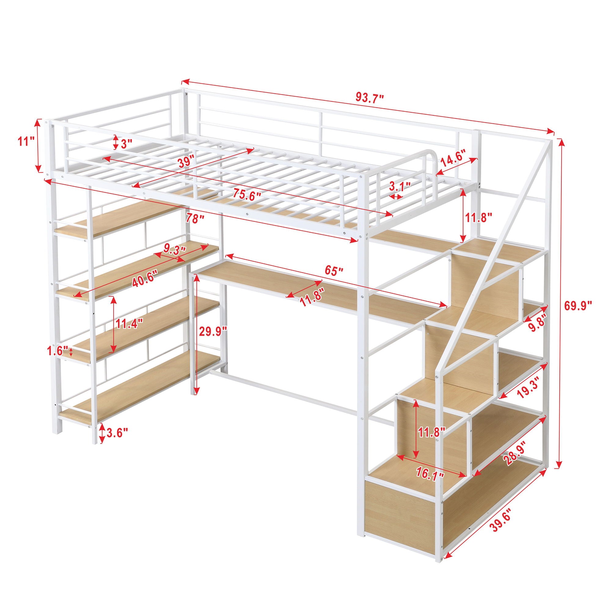 Twin Size Loft Bed With Built In Desk, Staircase Storage &amp; 4 Tier Shelves - White