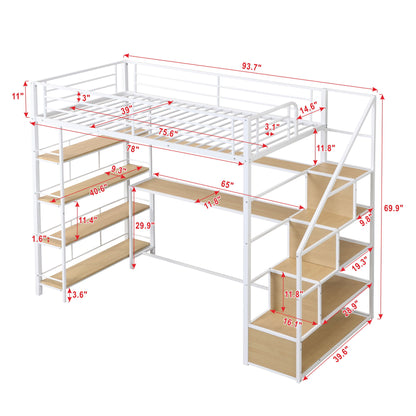 Twin Size Loft Bed With Built In Desk, Staircase Storage &amp; 4 Tier Shelves - White