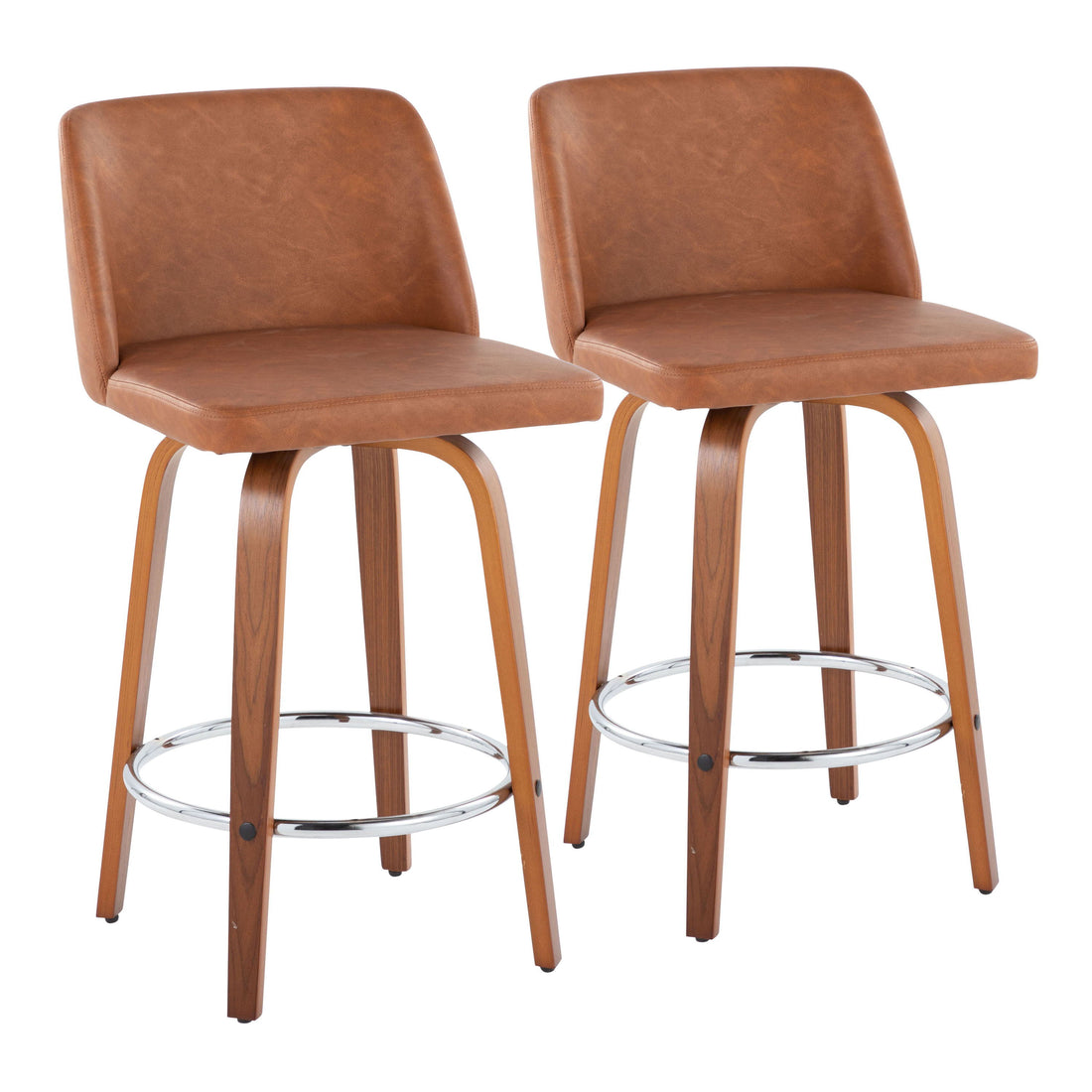 Toriano - Contemporary Fixed Height Counter Stool With Swivel &amp; Round Footrest (Set of 2) - Walnut / Camel