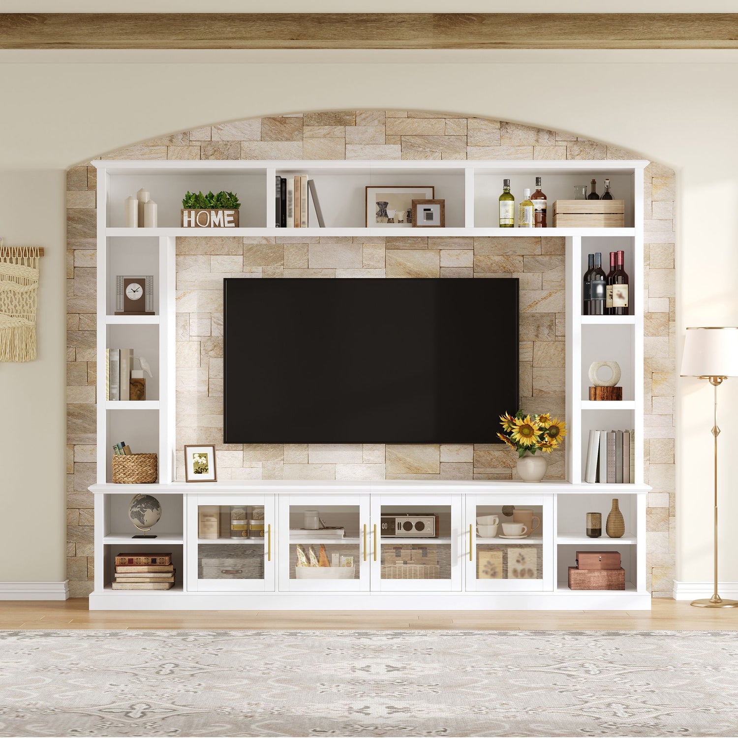 All-In-One Entertainment Center With Bookshelves &amp; Tempered Glass Doors, TV Console Unit For Living Room