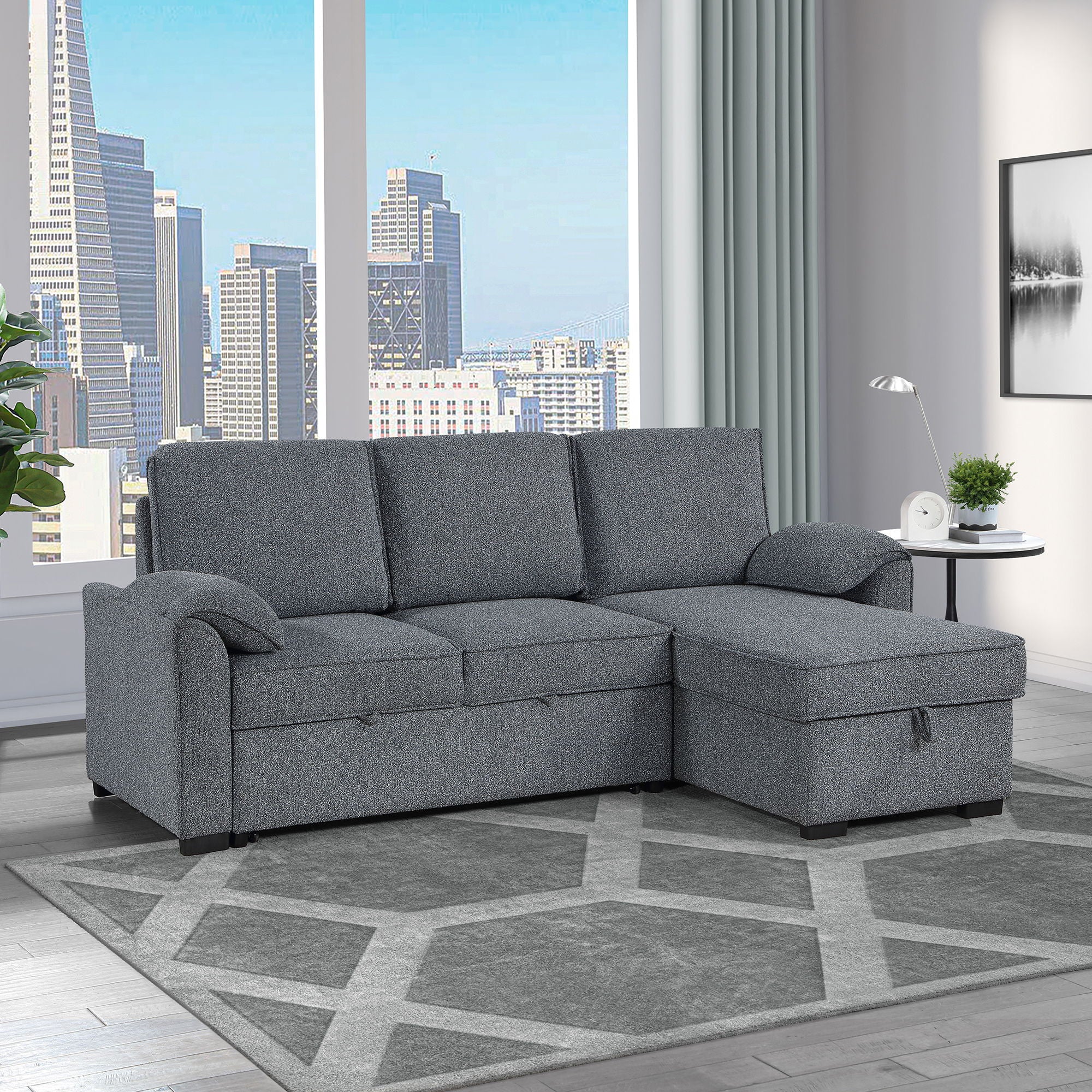 Rebecca - Sofa With Pull Out Bed, Storage Chaise, USB And Cup Holders - Dark Gray