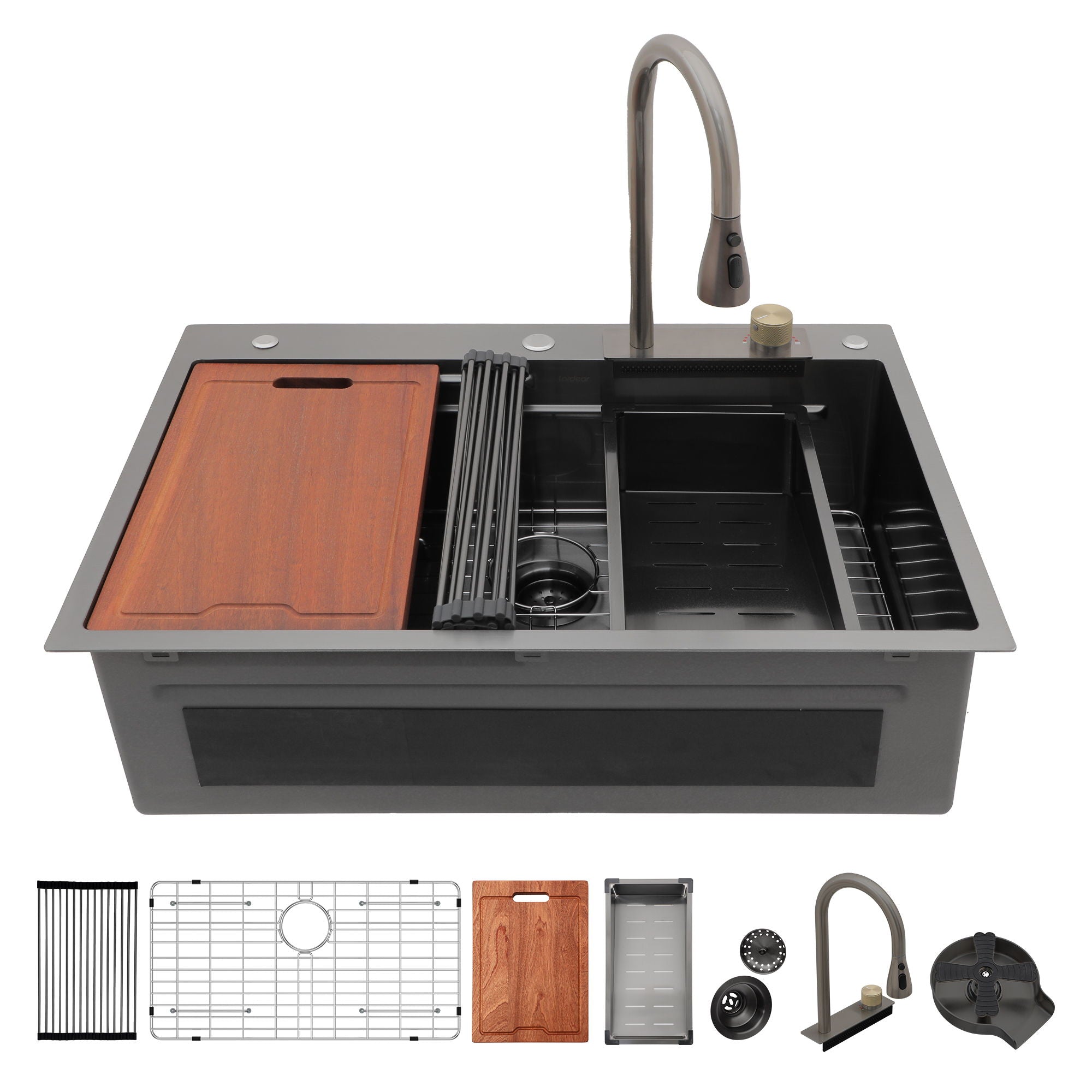 Waterfall Kitchen Sink With Pull Out Faucet &amp; Cup Washer