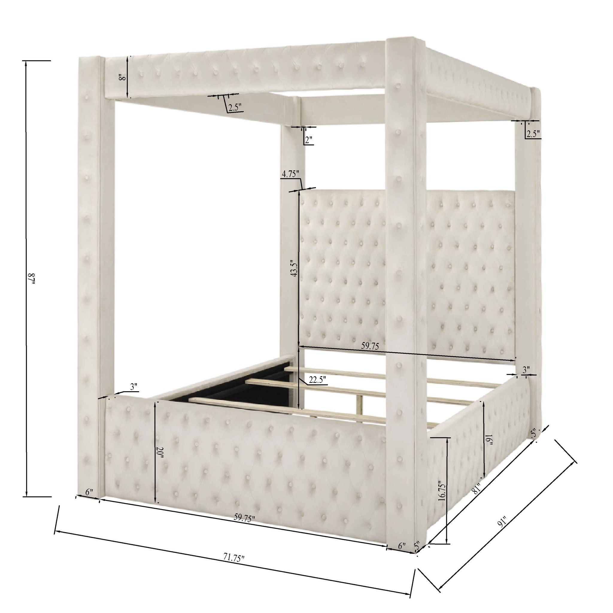 Modern 4 Poster Bed With Tufted Headboard And Footboard
