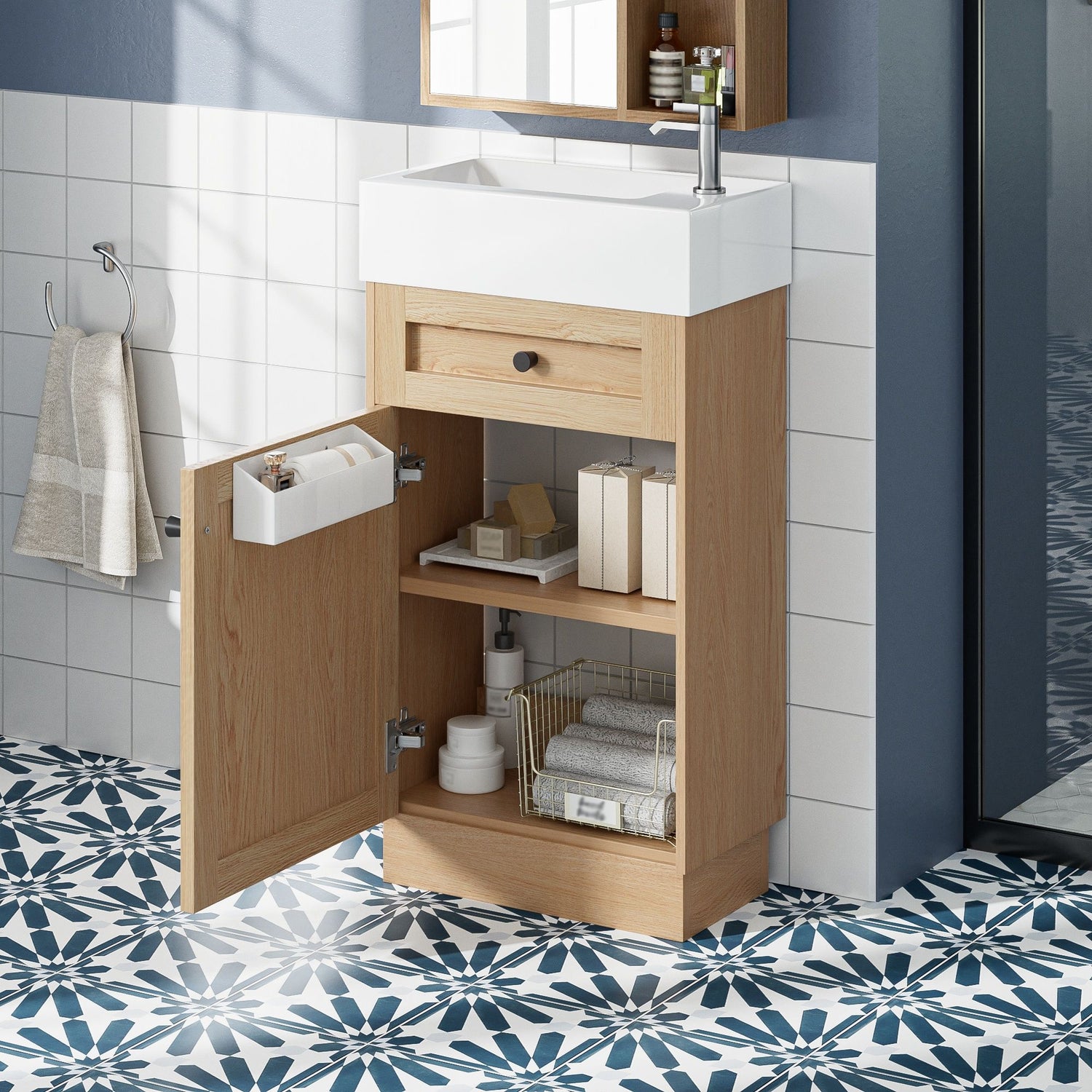 Bathroom Vanity With Reversible Resin Sink, Cabinet &amp; Zinc Alloy Handles - Wood