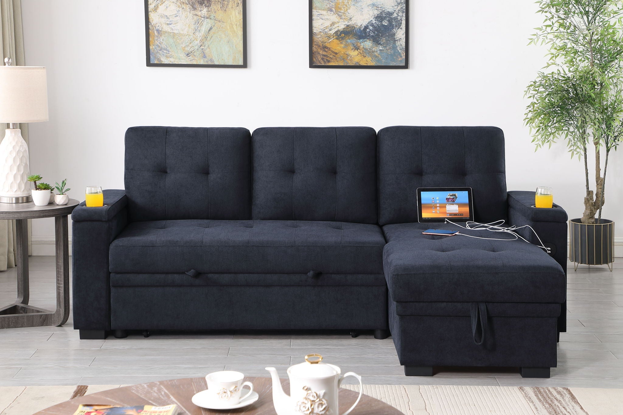 Ashlyn II - 84&quot;W Woven Fabric Reversible Sleeper Sectional Sofa with Storage Chaise