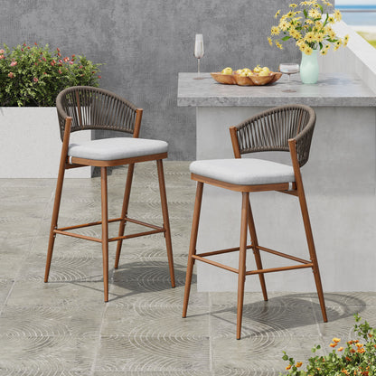 Outdoor Bar Height Metal Frame Counter Stools With Scallop Shaped Backrest &amp; Water Resistant Cushions