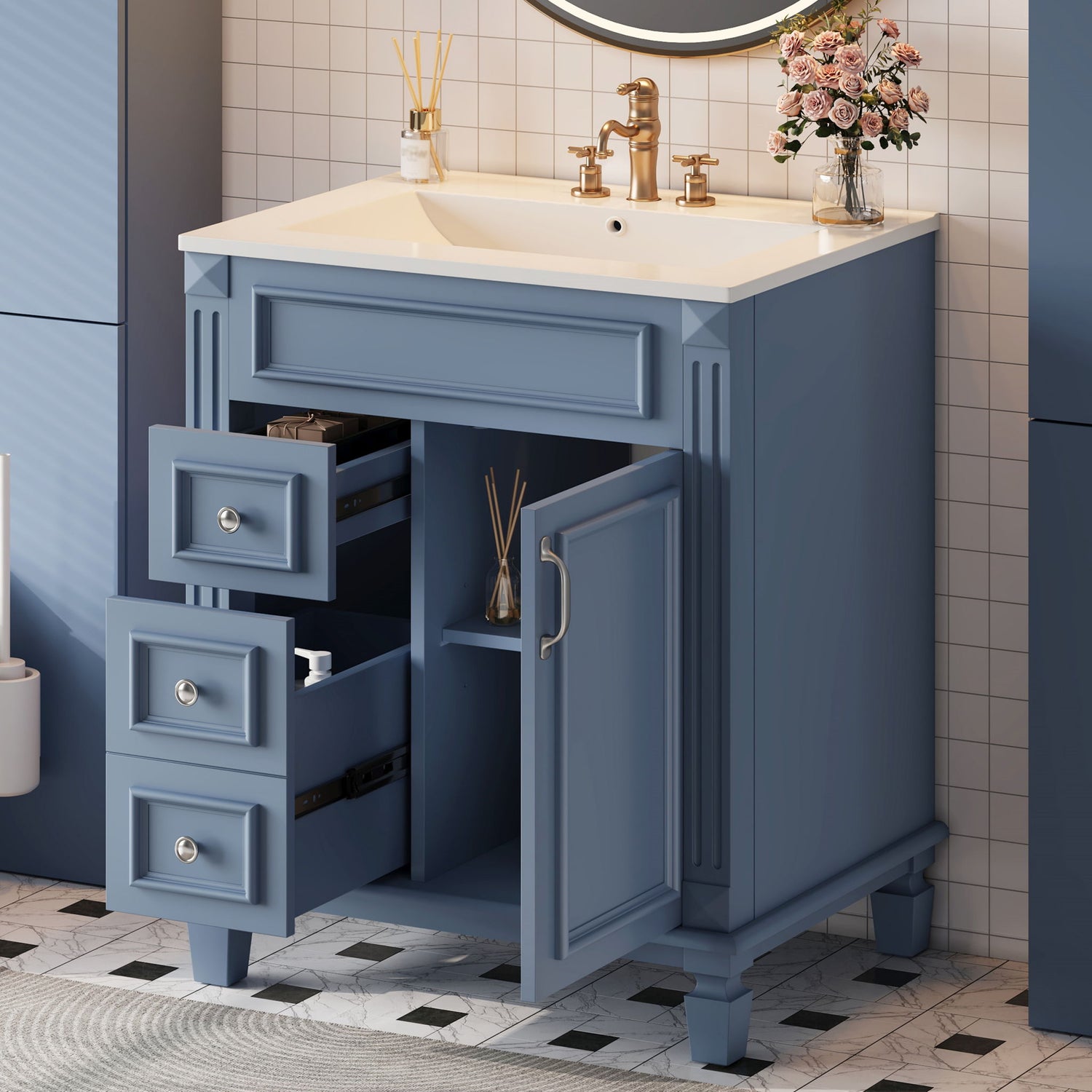 Bathroom Vanity With Sink, Compact Cabinet &amp; 2 Drawers And Adjustable Shelf