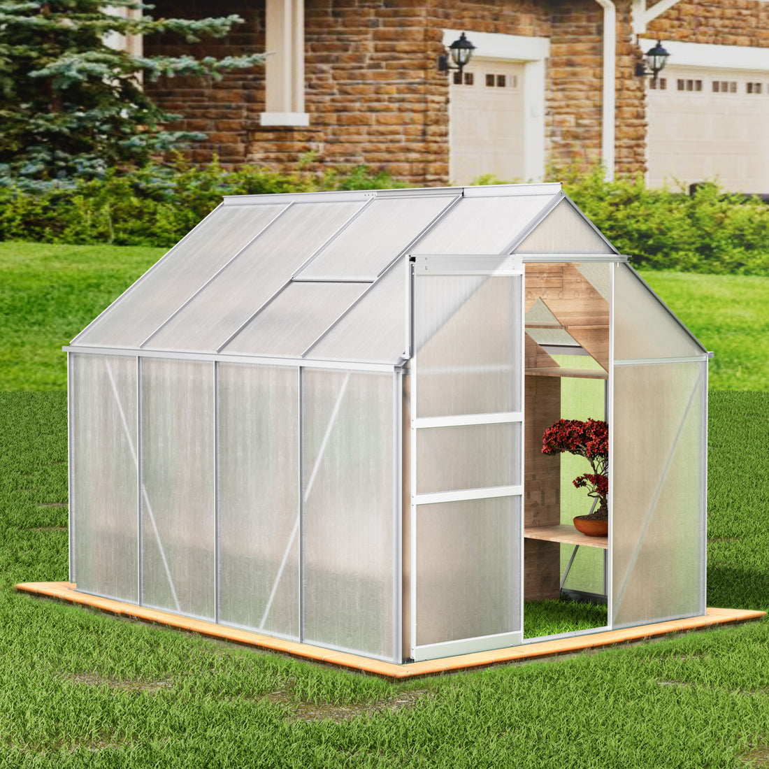Walk-In Polycarbonate Greenhouse &amp; Roof Vent, Sliding Doors, Aluminum Hobby Hot House For Outdoor
