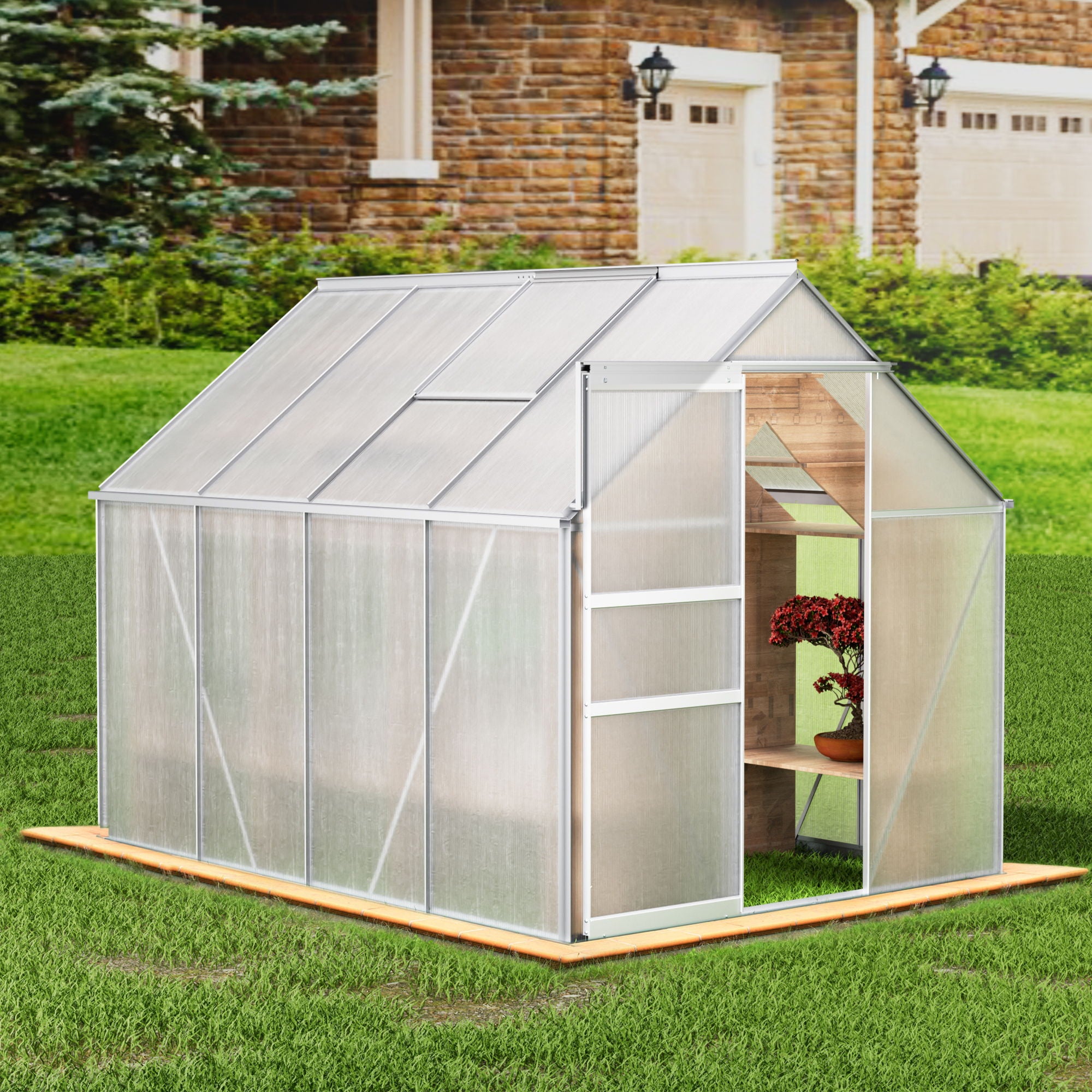 Walk-In Polycarbonate Greenhouse &amp; Roof Vent, Sliding Doors, Aluminum Hobby Hot House For Outdoor