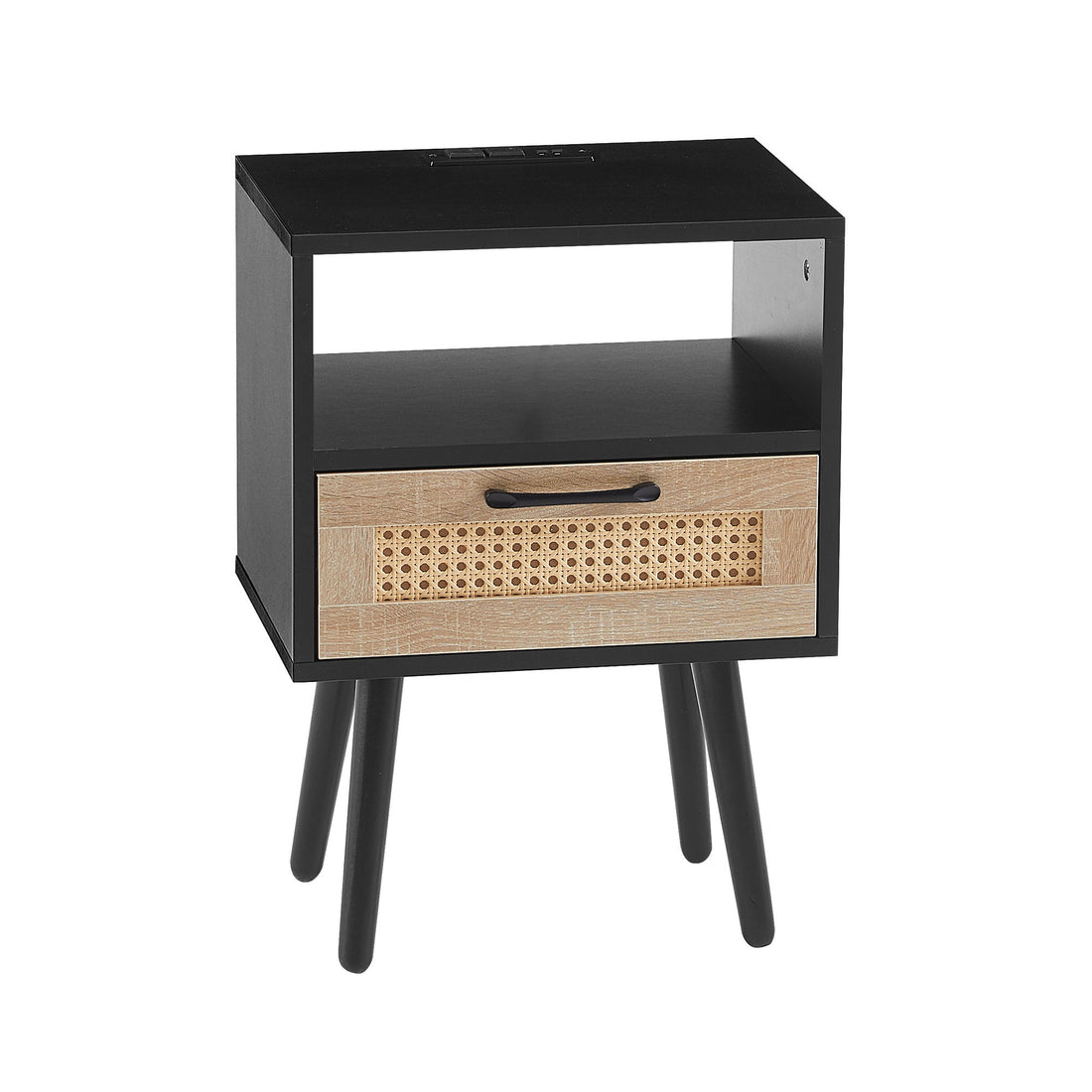 15.75&quot; Rattan End Table With Power Outlet &amp; USB Ports, Modern Nightstand With Drawer And Solid Wood Legs, Side Table For Living Room, Bedroom