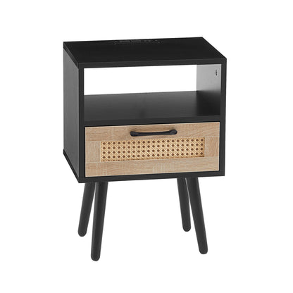 15.75&quot; Rattan End Table With Power Outlet &amp; USB Ports, Modern Nightstand With Drawer And Solid Wood Legs, Side Table For Living Room, Bedroom