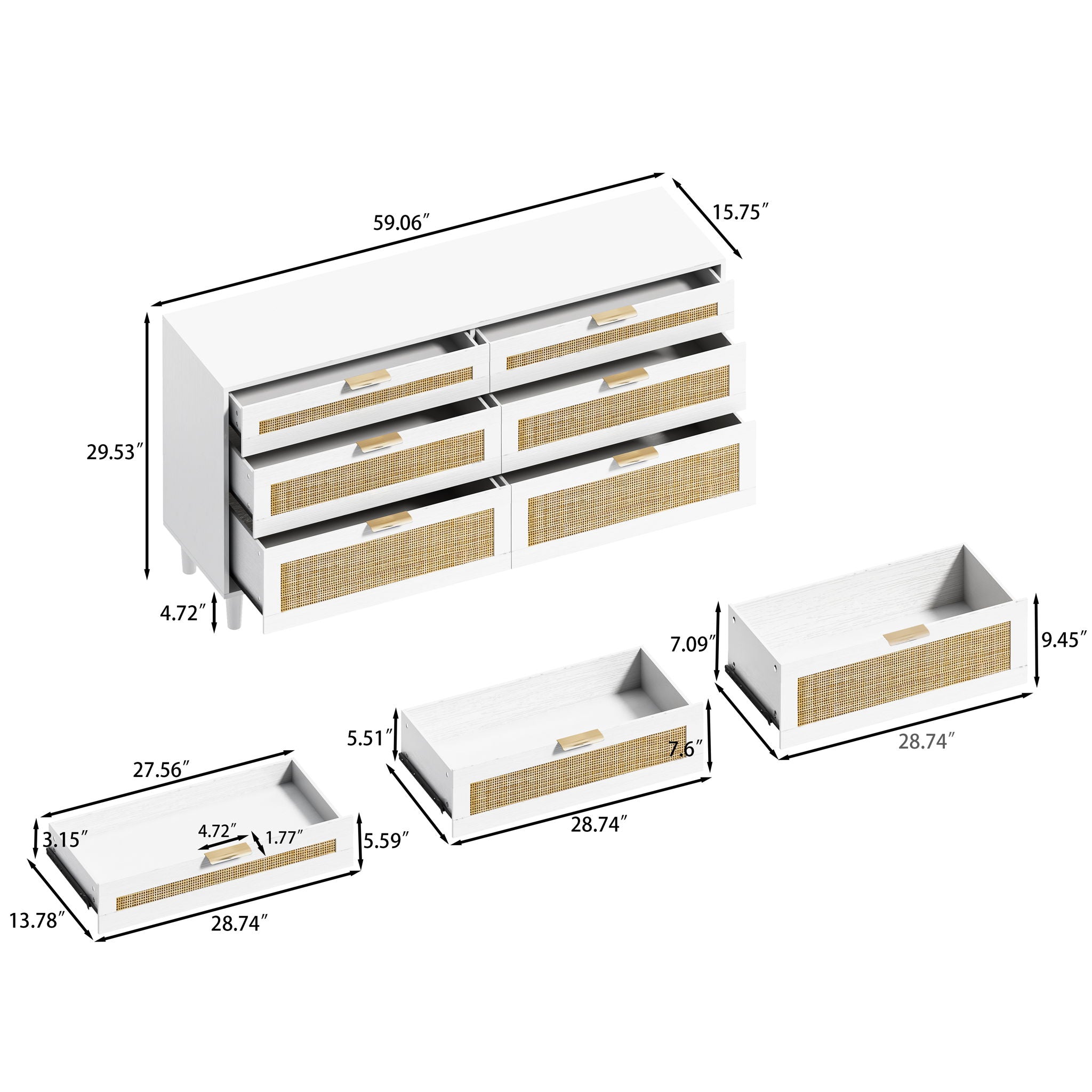 Rattan Dresser With 6 Drawers, Wooden Legs &amp; Metal Handle