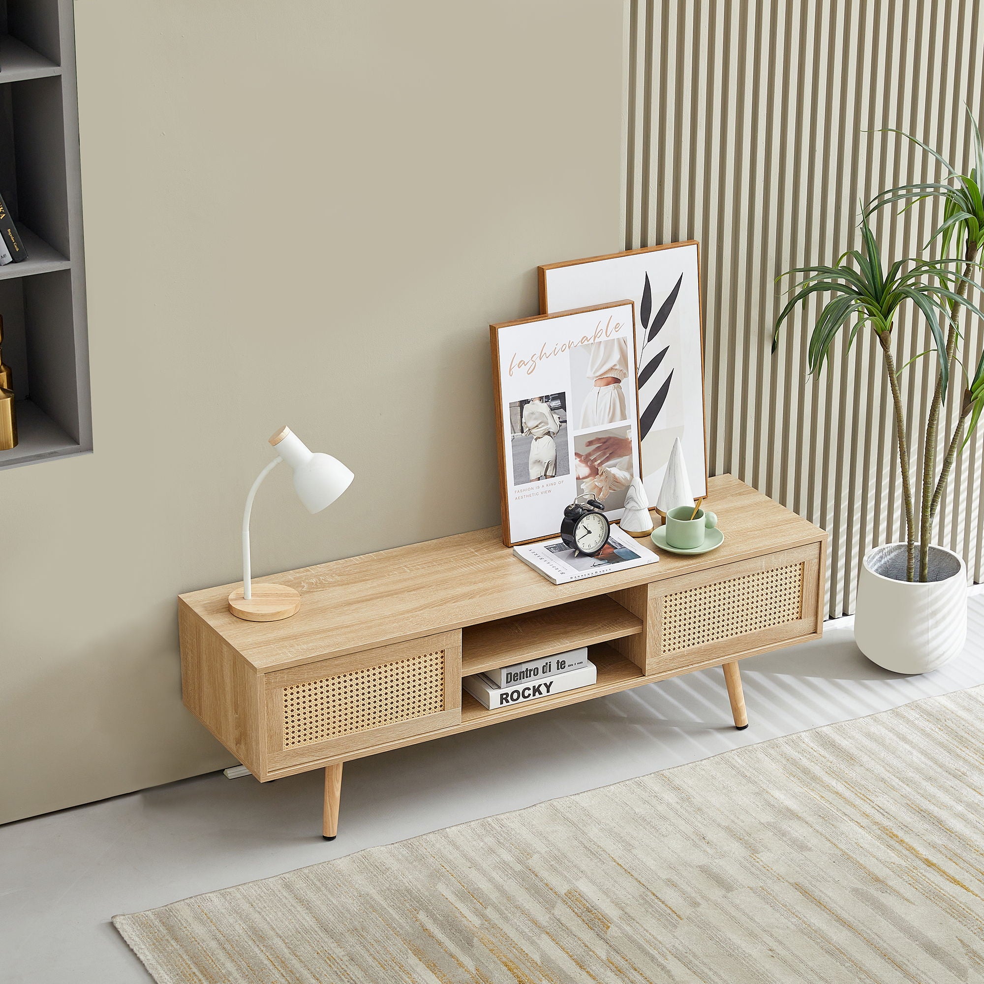 55.12&quot; Rattan TV Cabinet, Double Sliding Doors For Storage, Adjustable Shelf, Solid Wood Legs, TV Console For Living Room