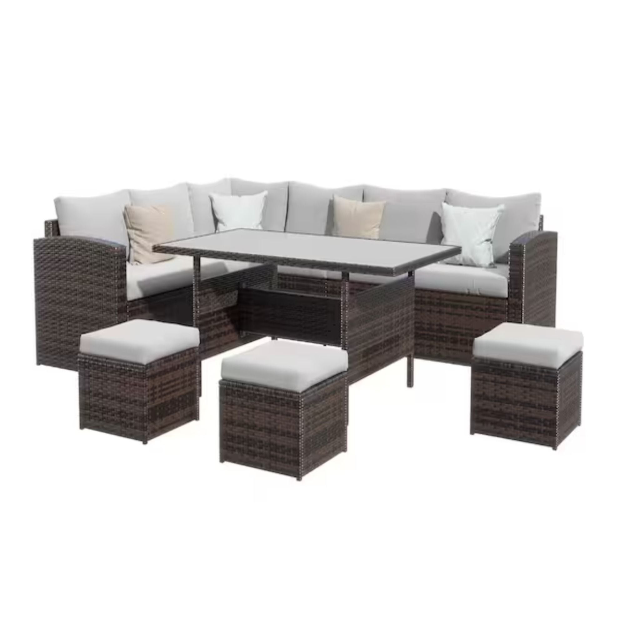7 Piece Outdoor Dining Set With Cushions, Modular Sectional Sofa And Table
