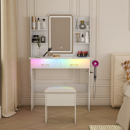 Vanity Desk With LED Lights Mirror, Power Outlet, Storage Drawers &amp; Chair - White