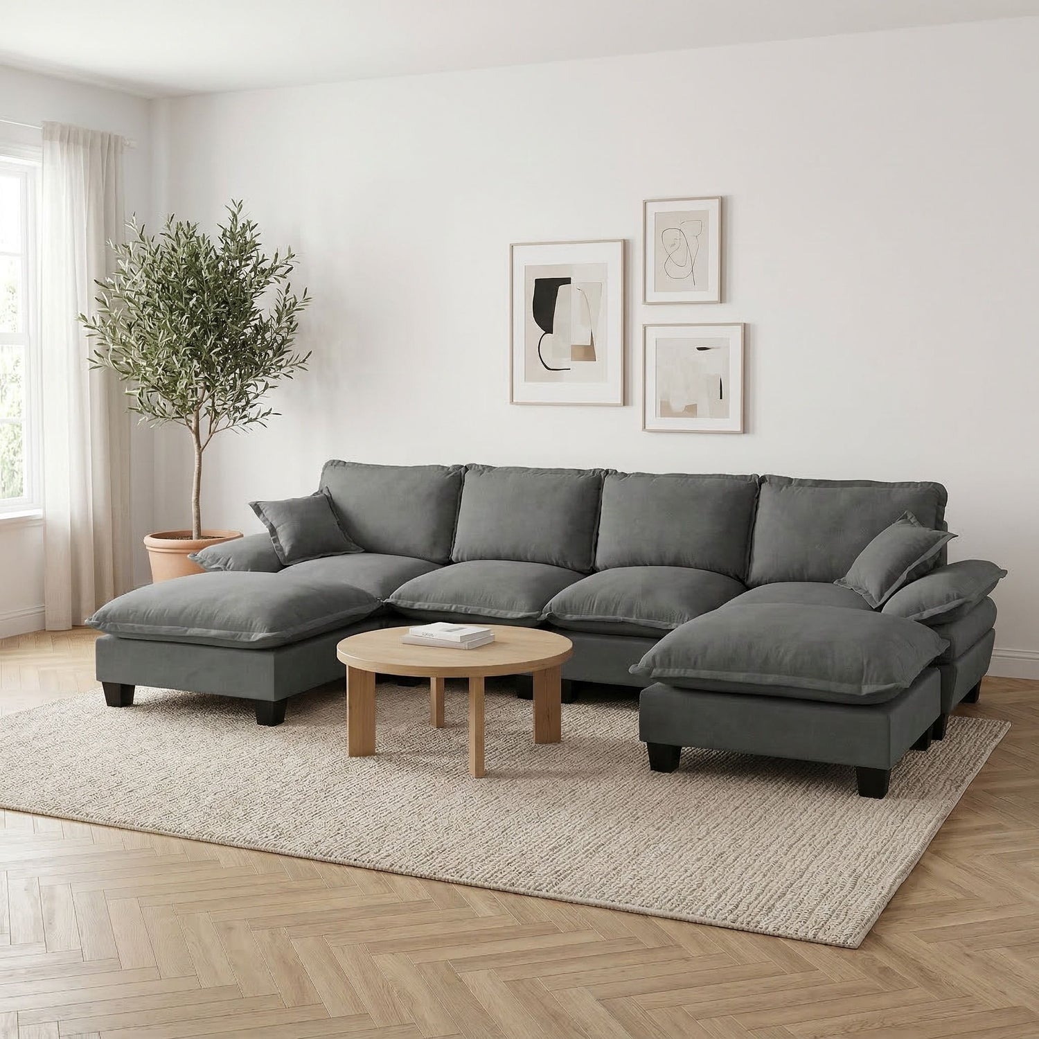 Modular Sectional Sofa With Movable Ottoman &amp; Pillows