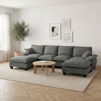 Modular Sectional Sofa With Movable Ottoman &amp; Pillows