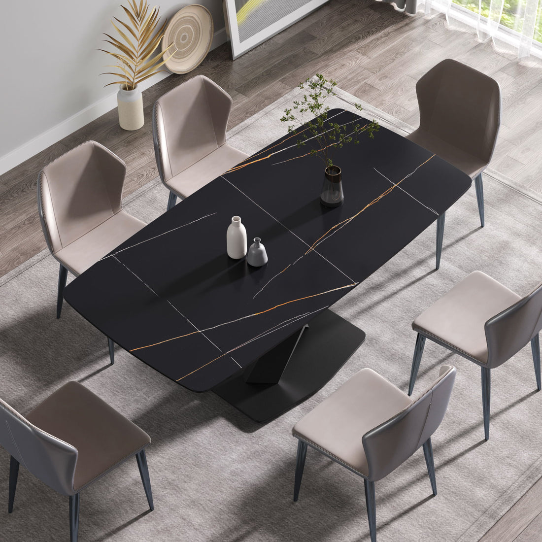 70.87&quot; Modern Artificial Stone Black Curved Black Metal Leg Dining Table, Can Accommodate 6-8 People - Black