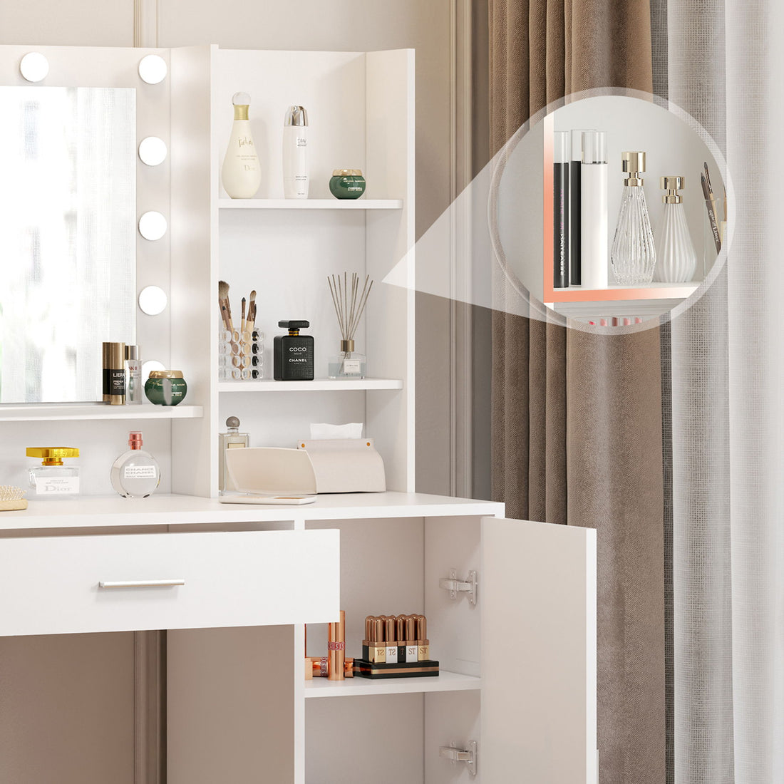 Vanity Desk With Mirror &amp; Light, Large Drawer Three Level Storage Dresser, 3 Lighting Modes Adjustable Brightness, Bedroom Dressing Table (With Stool) - White