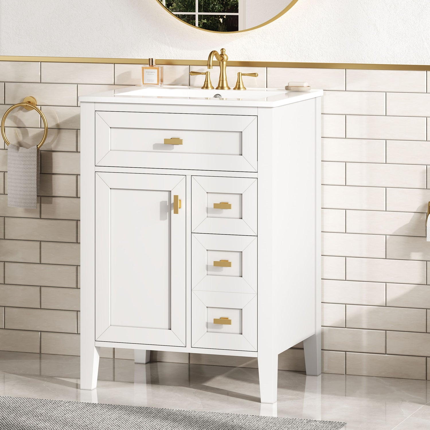 Bathroom Vanity With Sink, 3 Drawers &amp; Cabinet With 2 Tier Door Storage Rack, Soft Close Doors &amp; Drawers