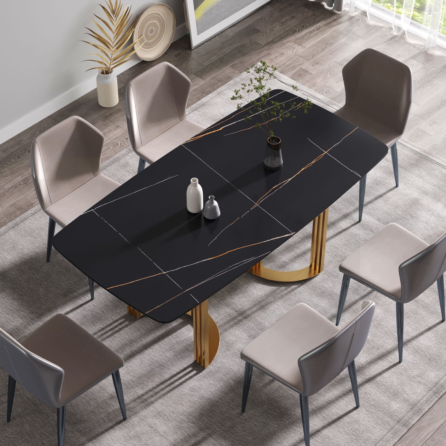 70.87&quot; Modern Artificial Stone Black Curved Metal Leg Dining Table, Can Accommodate 6-8 People - Black / Gold
