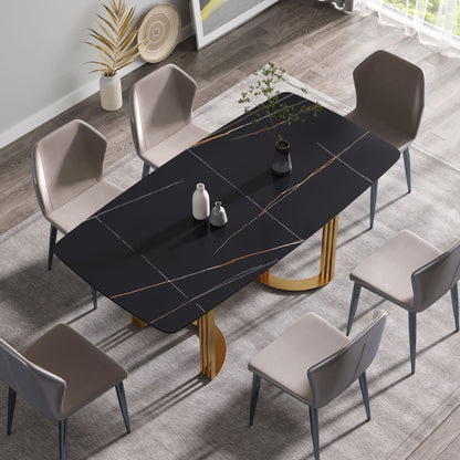 70.87&quot; Modern Artificial Stone Black Curved Metal Leg Dining Table, Can Accommodate 6-8 People - Black / Gold