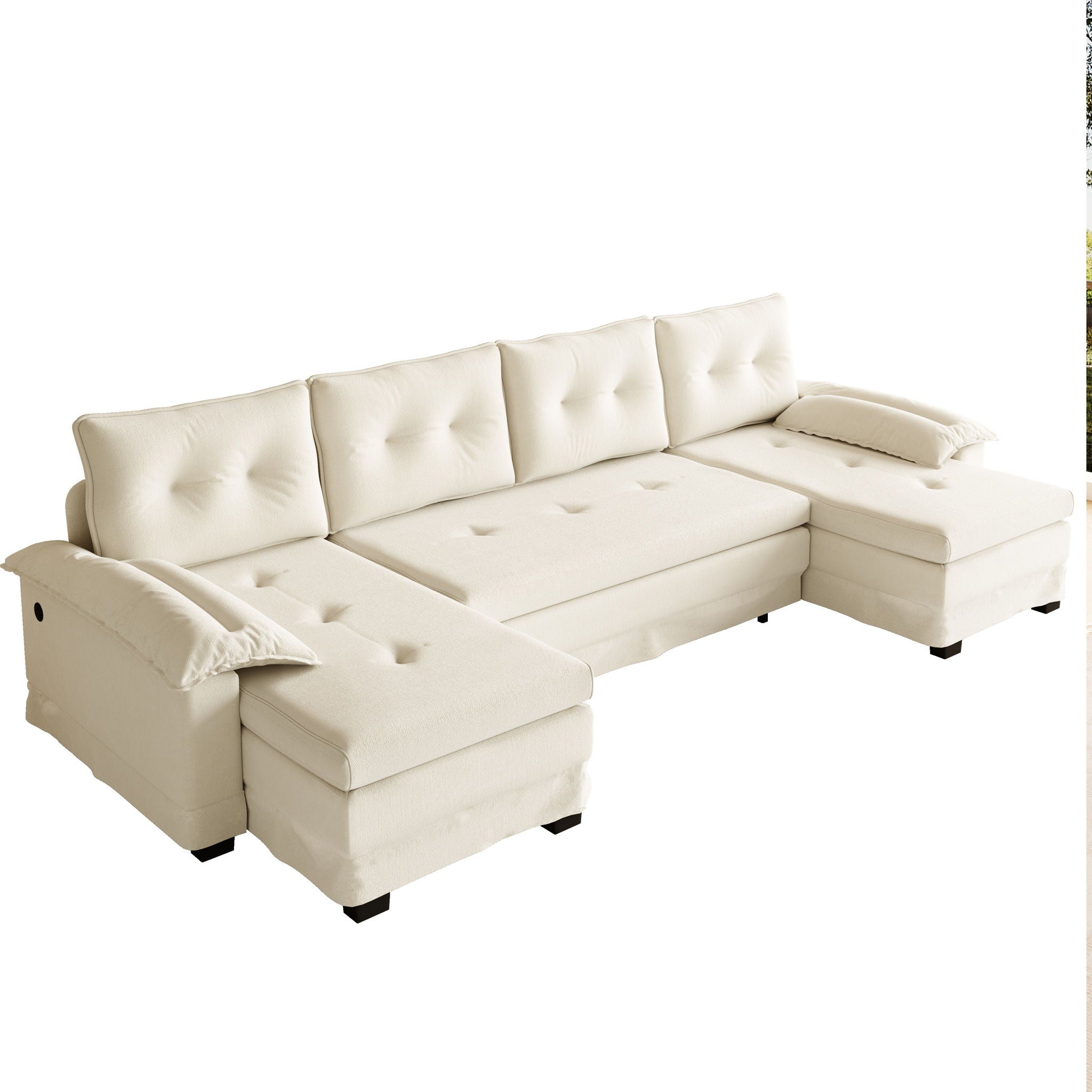 U-Shaped Sleeper Sofa With Pull Out Bed, Removable Armrests &amp; USB Ports For Living Room