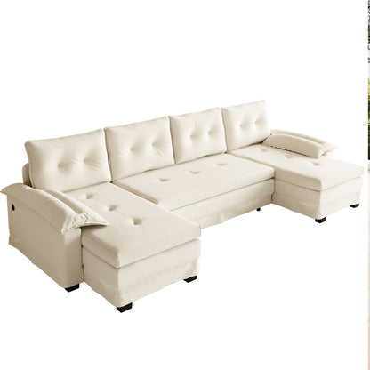 U-Shaped Sleeper Sofa With Pull Out Bed, Removable Armrests &amp; USB Ports For Living Room