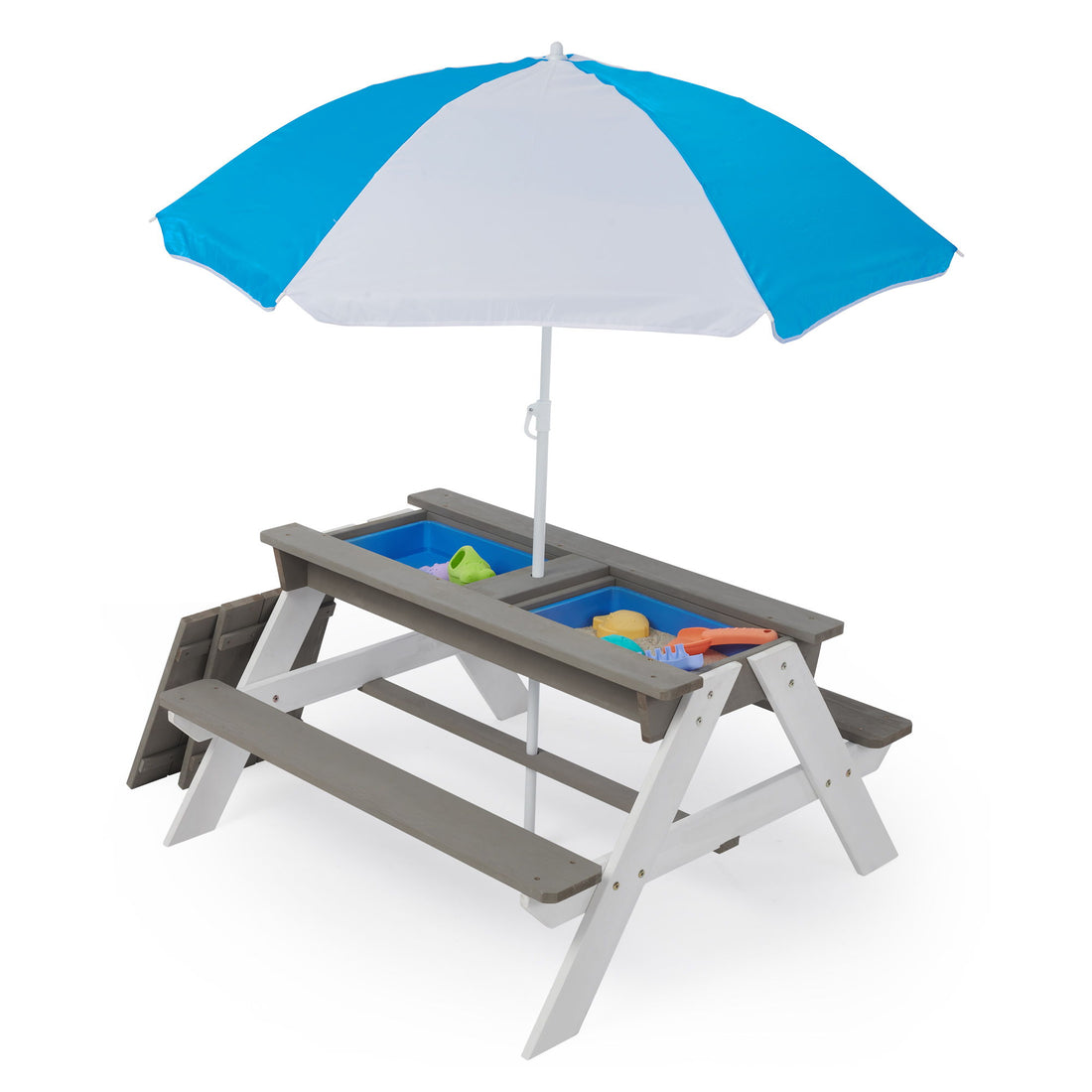 3-In-1 Kids Outdoor Wooden Picnic Table With Umbrella, Convertible Sand &amp; Water, ASTM &amp; CPSIA Certification