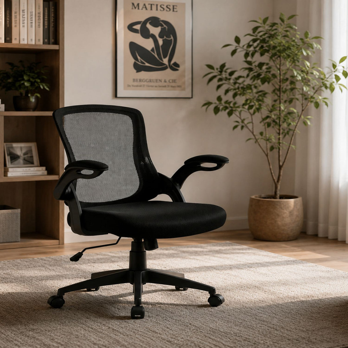 Office Chair &amp; Mid Back Design, Adjustable Height And Foldable Armrests - Black
