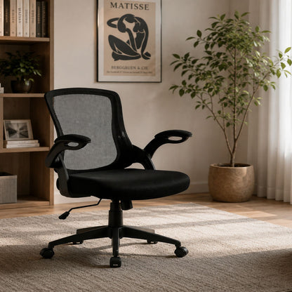 Office Chair &amp; Mid Back Design, Adjustable Height And Foldable Armrests - Black
