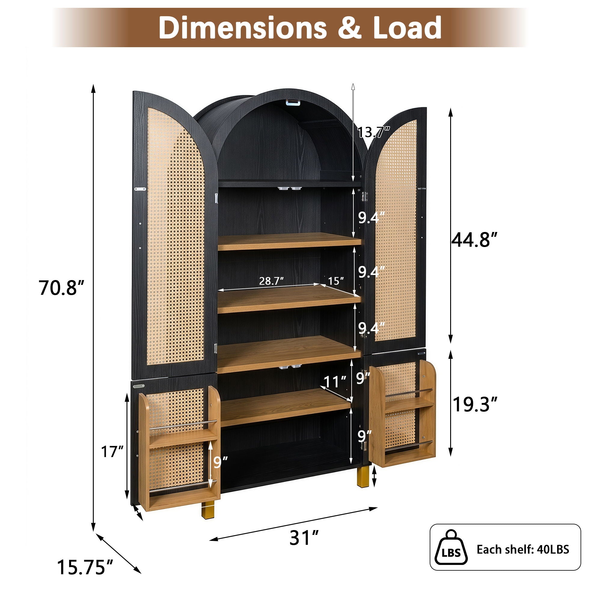 Tall Arched Cabinet With Rattan Doors &amp; Adjustable Shelves