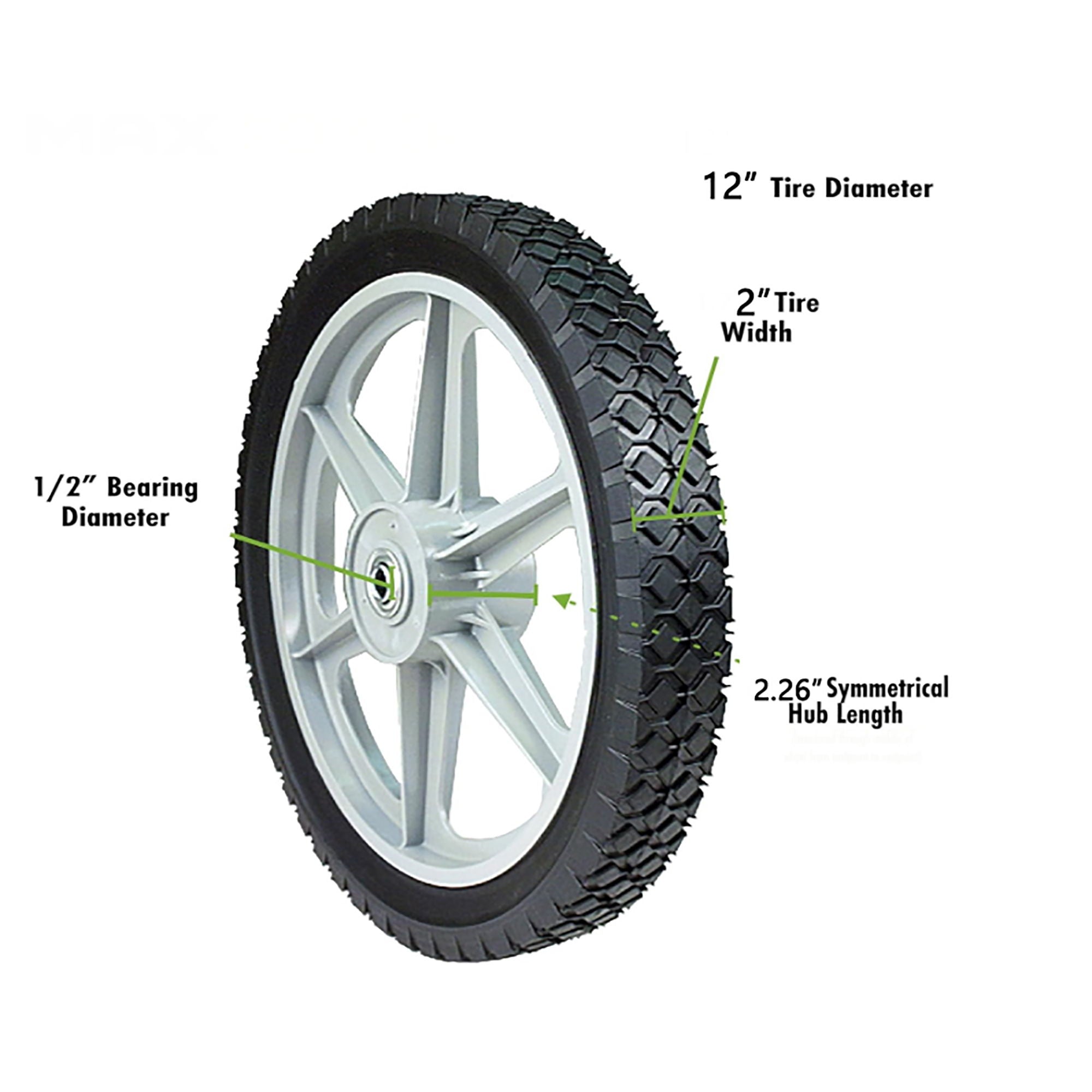 Universal 12&quot; Spoked Plastic Wheel And Tire For Lawn Mowers &amp; Trolley Carts, 10 Pack - Black