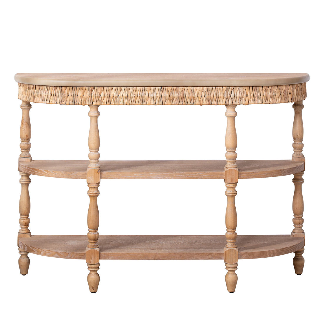 Handcrafted Console Table With Hand Woven Trim, 3 Tier Storage Shelves - Natural