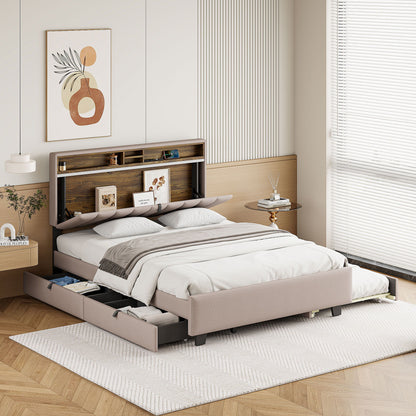 Upholstered Platform Bed With Storage Headboard, Trundle &amp; 2 Drawers And A Set Of Sockets &amp; USB Ports