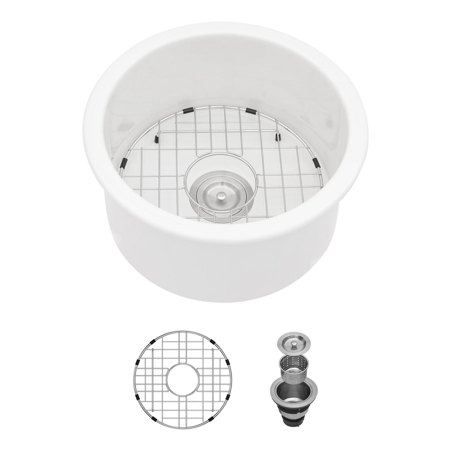 Ceramic Circular Kitchen Sink With Drain Assembly And Bottom Grid, 18&quot; Dual Mount - White