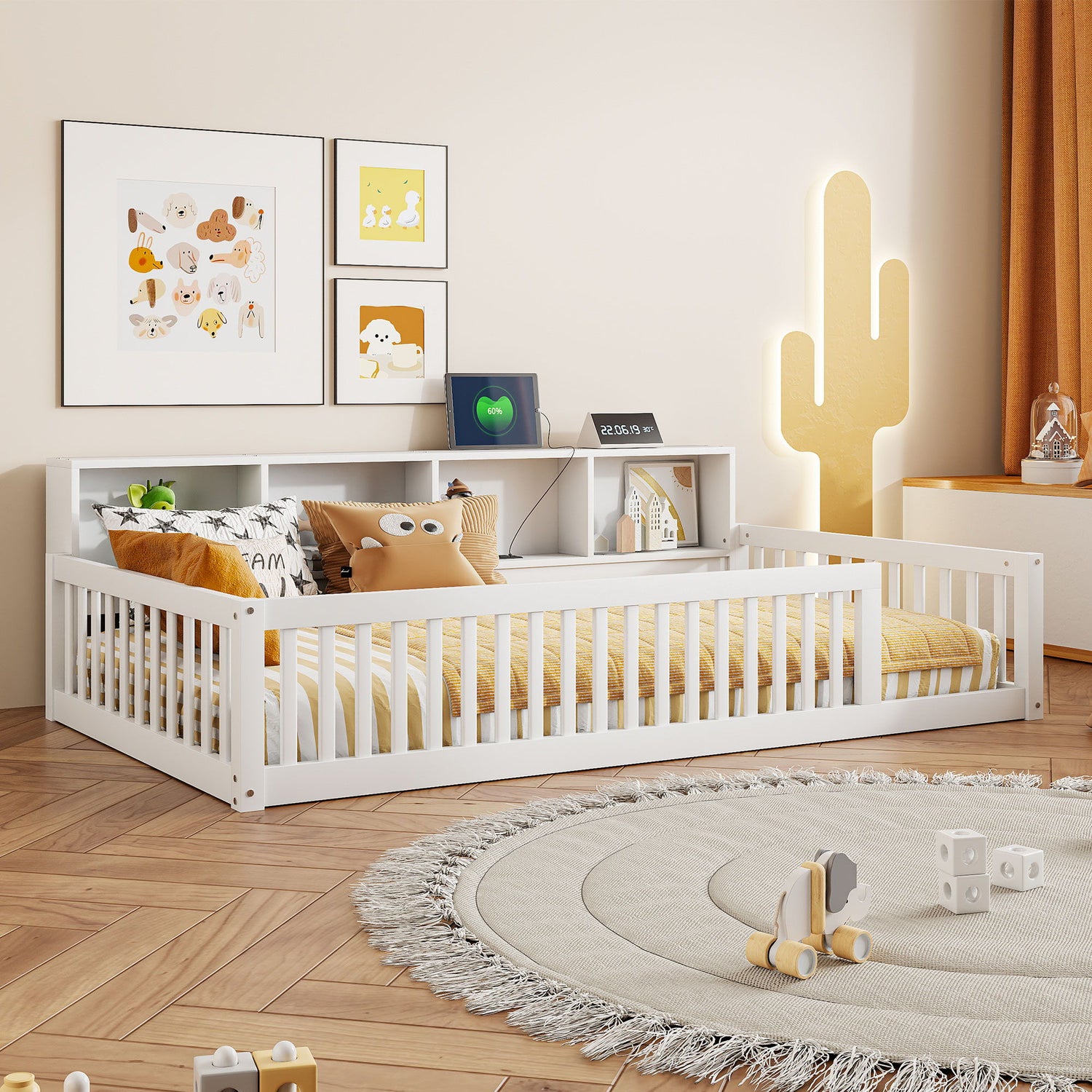 Floor Bed With Storage Cabinets And USB Ports